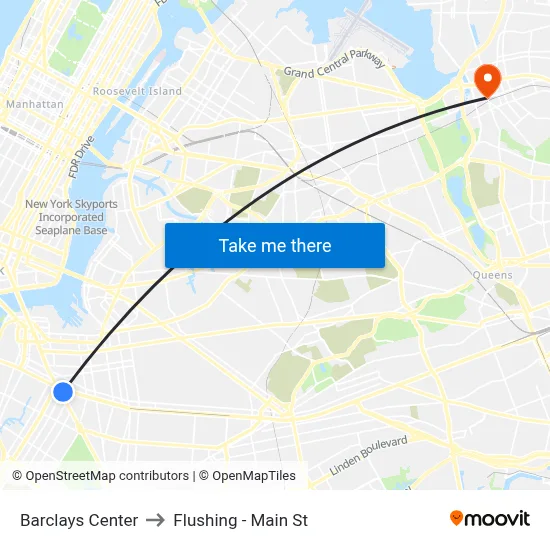 Barclays Center to Flushing - Main St map