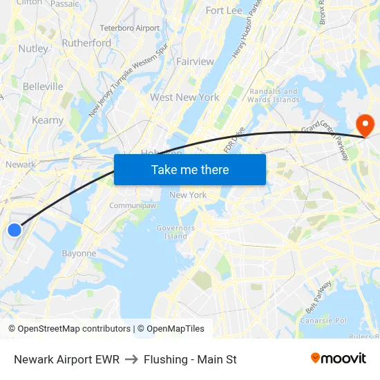 Newark Airport EWR to Flushing - Main St map