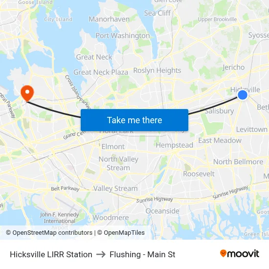 Hicksville LIRR Station to Flushing - Main St map
