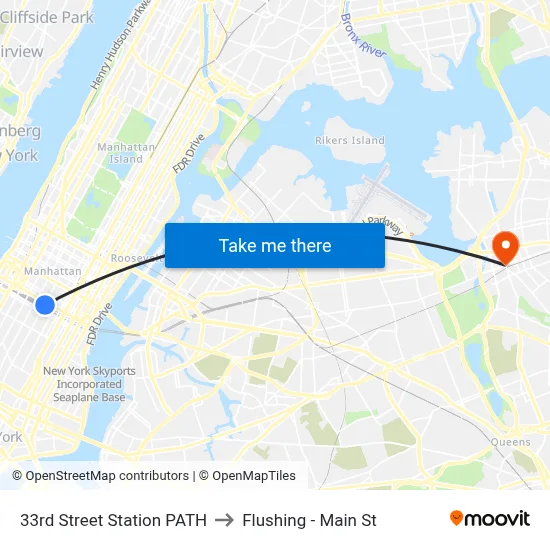 33rd Street Station PATH to Flushing - Main St map