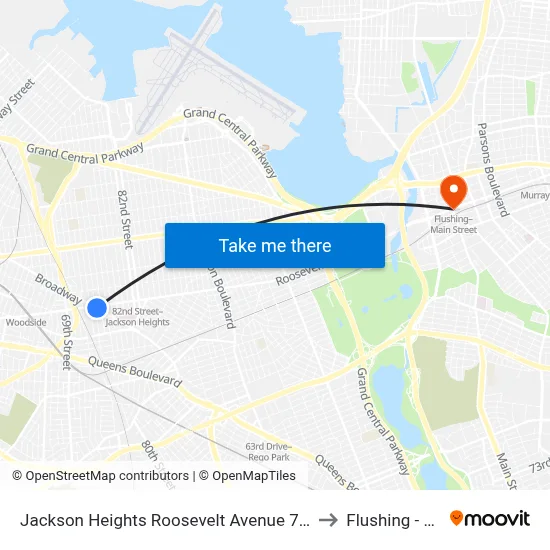 Jackson Heights Roosevelt Avenue 74th Street Station to Flushing - Main St map