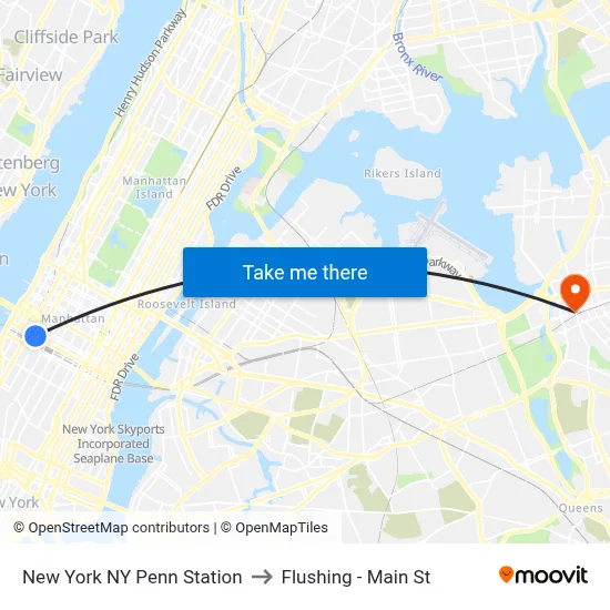 New York NY Penn Station to Flushing - Main St map