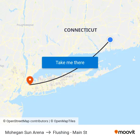 Mohegan Sun Arena to Flushing - Main St map
