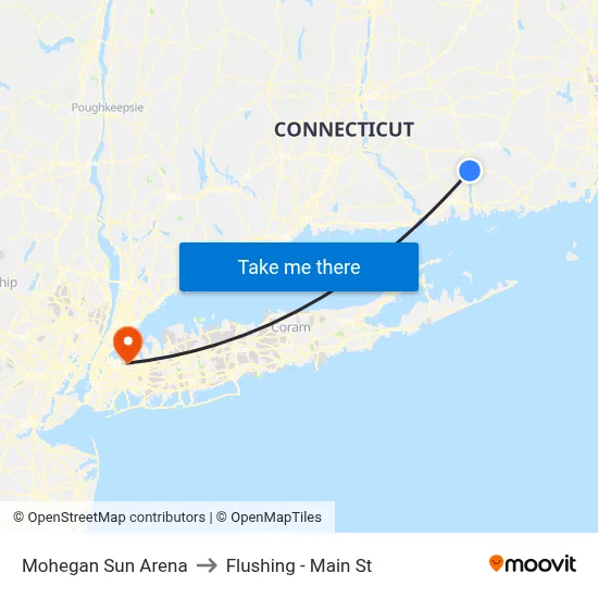 Mohegan Sun Arena to Flushing - Main St map