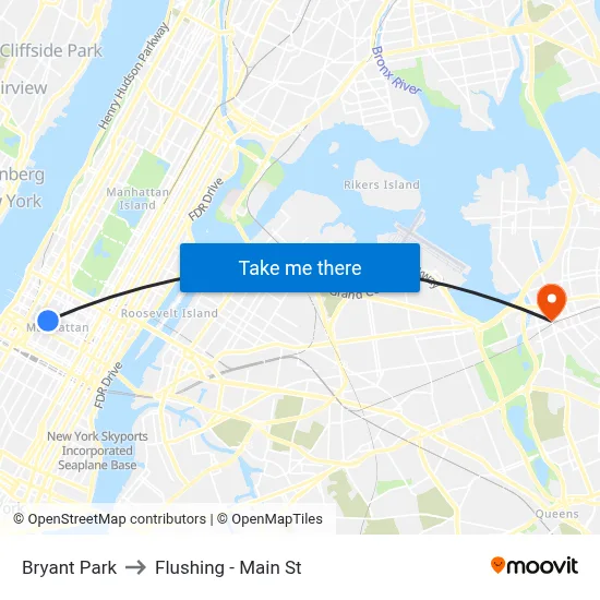 Bryant Park to Flushing - Main St map