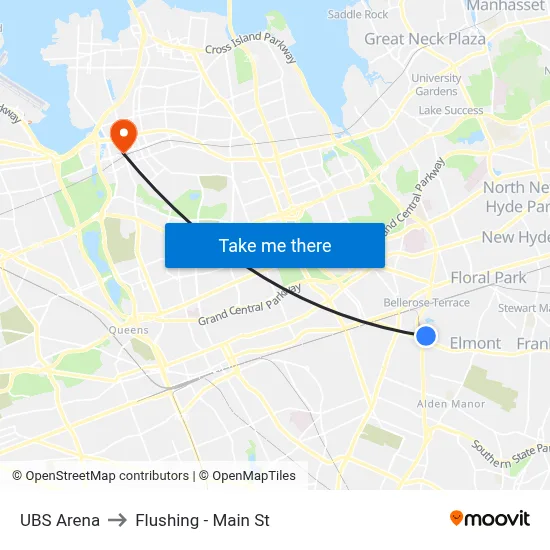 UBS Arena to Flushing - Main St map
