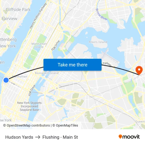 Hudson Yards to Flushing - Main St map
