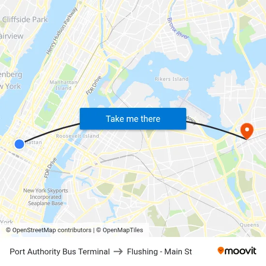 Port Authority Bus Terminal to Flushing - Main St map