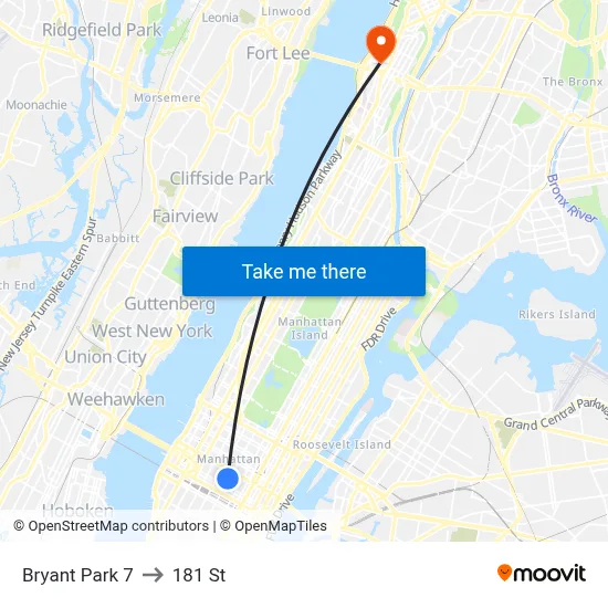 Bryant Park 7 to 181 St map