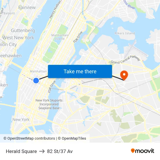 Herald Square to 82 St/37 Av map
