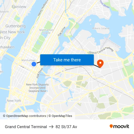 Grand Central Terminal to 82 St/37 Av map