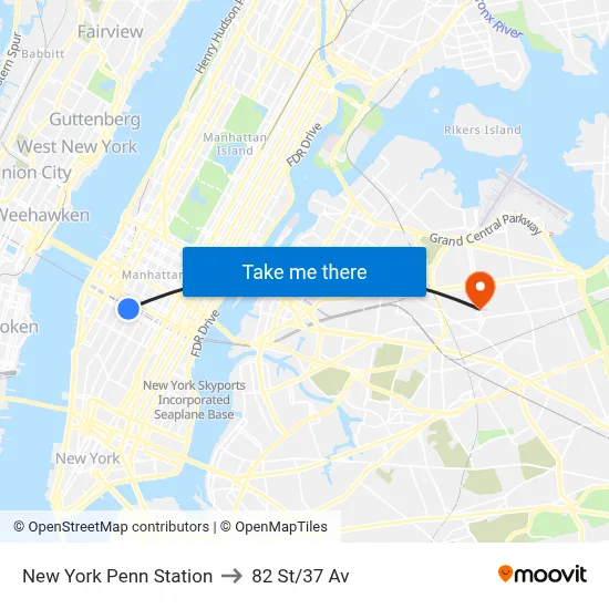 New York Penn Station to 82 St/37 Av map
