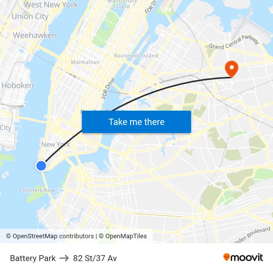 Battery Park to 82 St/37 Av map