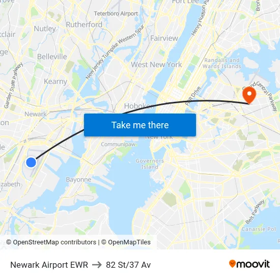 Newark Airport EWR to 82 St/37 Av map