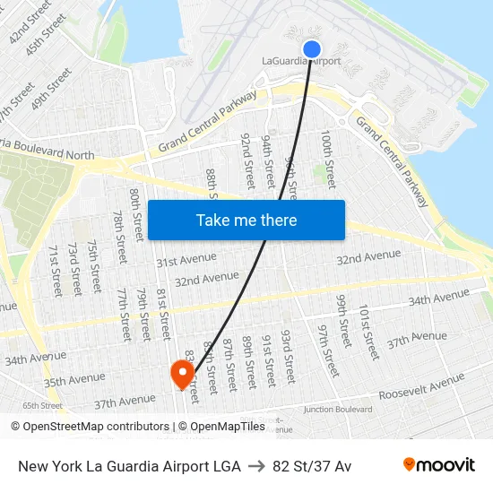 New York La Guardia Airport LGA to 82 St/37 Av map