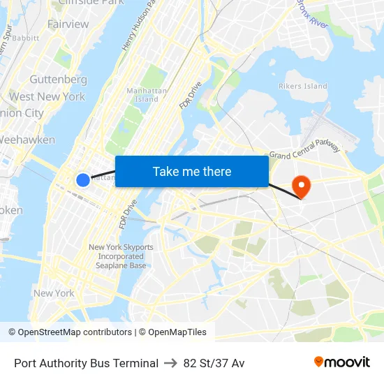 Port Authority Bus Terminal to 82 St/37 Av map