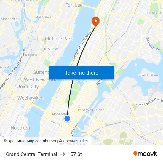 Grand Central Terminal to 157 St map