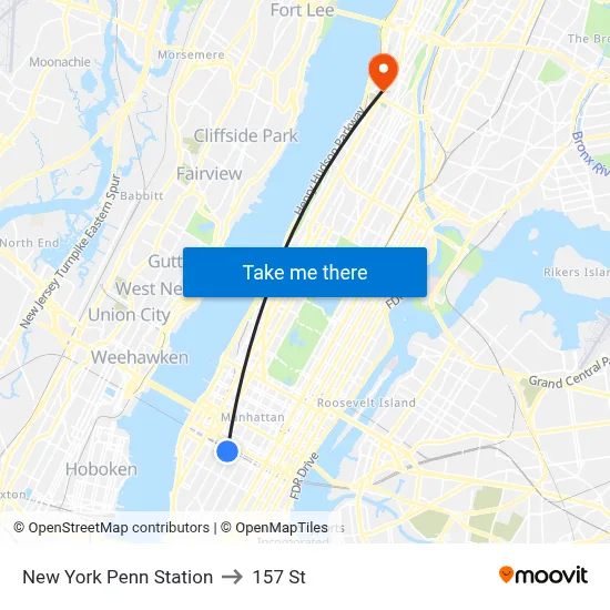 New York Penn Station to 157 St map