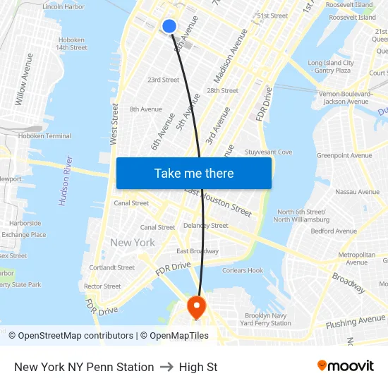 New York NY Penn Station to High St map
