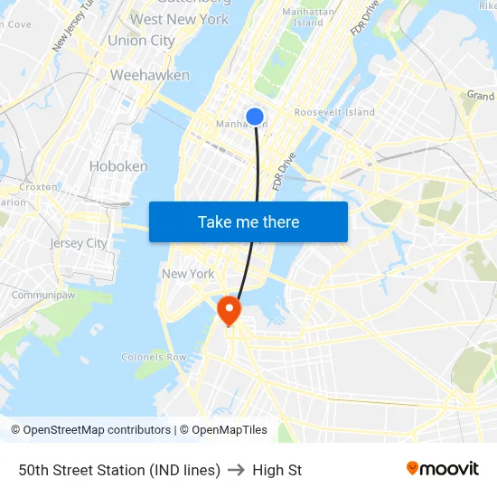 50th Street Station (IND lines) to High St map