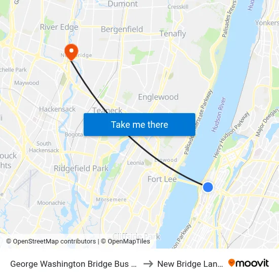 George Washington Bridge Bus Station to New Bridge Landing map