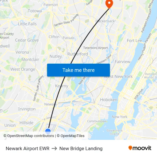 Newark Airport EWR to New Bridge Landing map