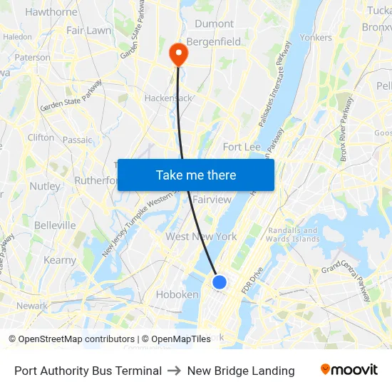 Port Authority Bus Terminal to New Bridge Landing map