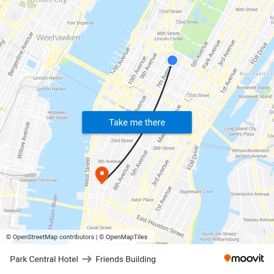 Park Central Hotel to Friends Building map