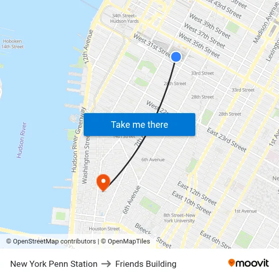 New York Penn Station to Friends Building map