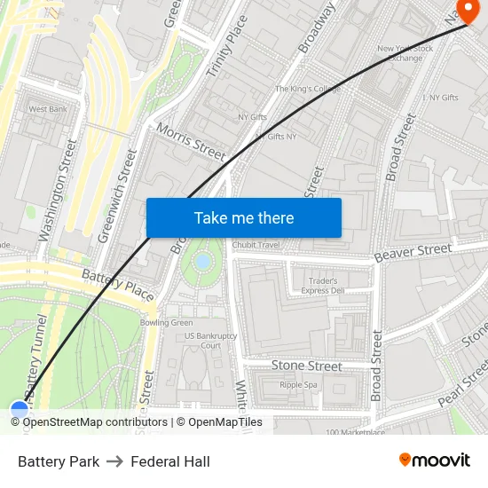 Battery Park to Federal Hall map