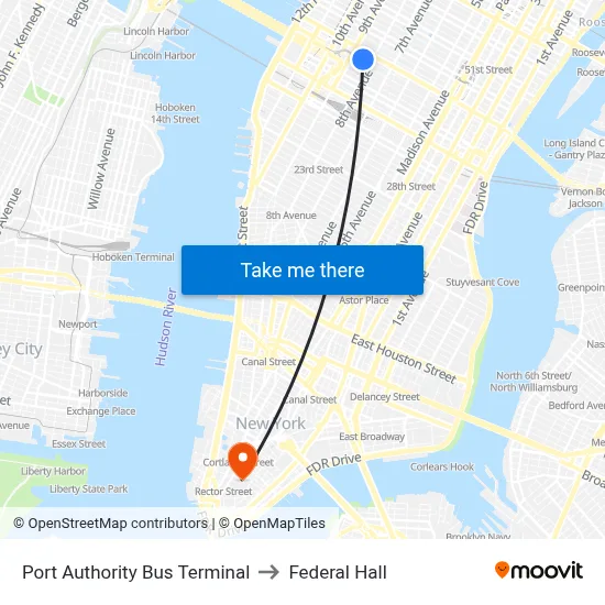 Port Authority Bus Terminal to Federal Hall map