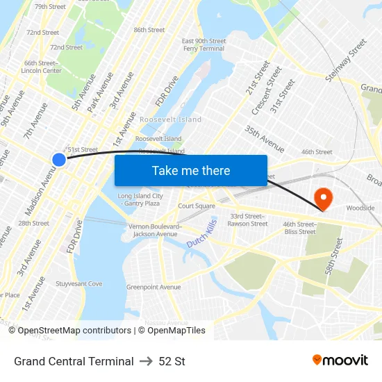 Grand Central Terminal to 52 St map