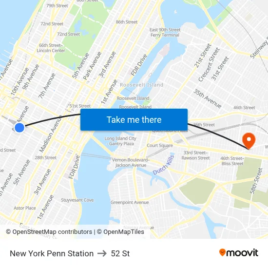 New York Penn Station to 52 St map