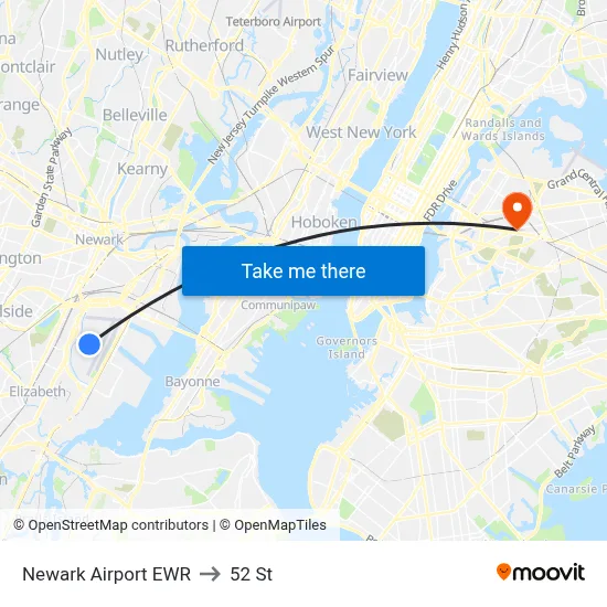 Newark Airport EWR to 52 St map