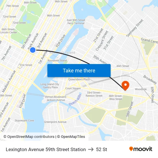 Lexington Avenue 59th Street Station to 52 St map