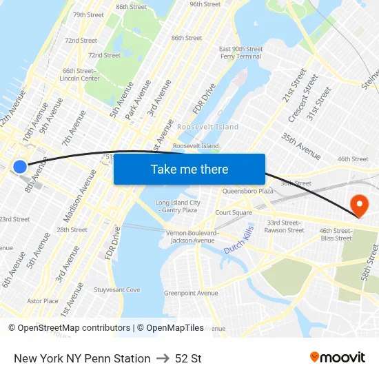New York NY Penn Station to 52 St map