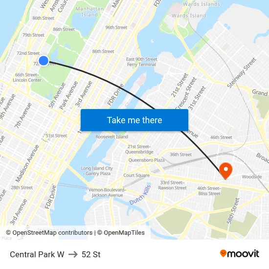 Central Park W to 52 St map