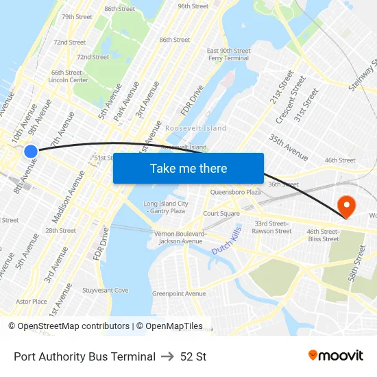 Port Authority Bus Terminal to 52 St map