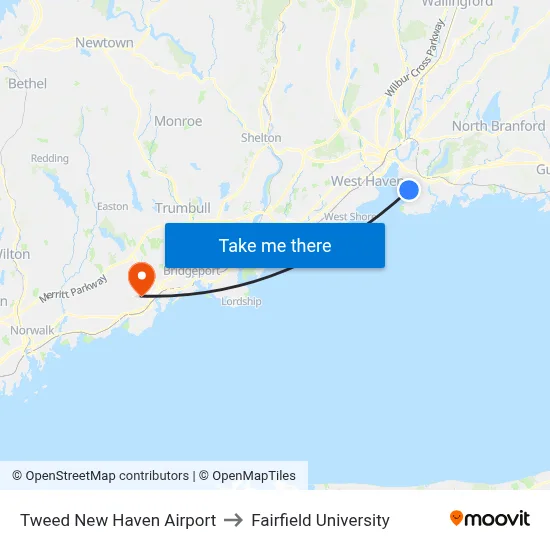 Tweed New Haven Airport to Fairfield University map
