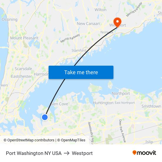 Port Washington NY USA to Westport map