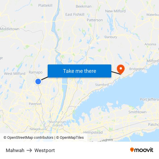 Mahwah to Westport map