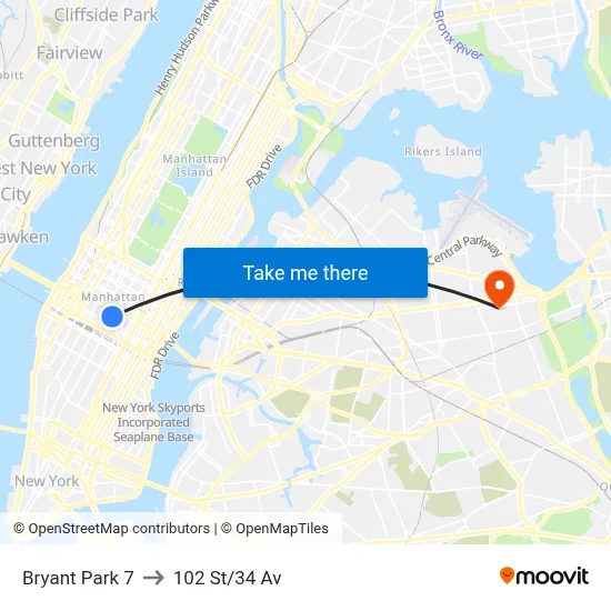 Bryant Park 7 to 102 St/34 Av map