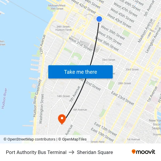 Port Authority Bus Terminal to Sheridan Square map