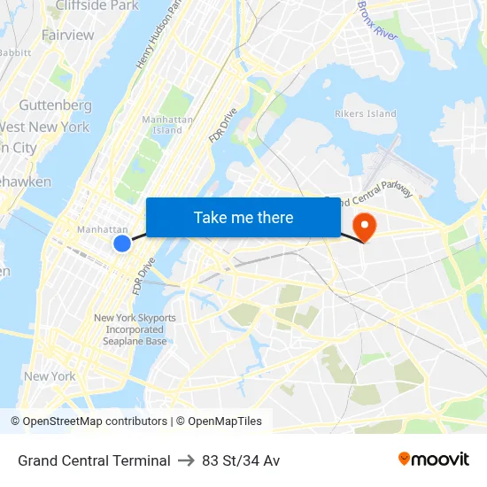 Grand Central Terminal to 83 St/34 Av map
