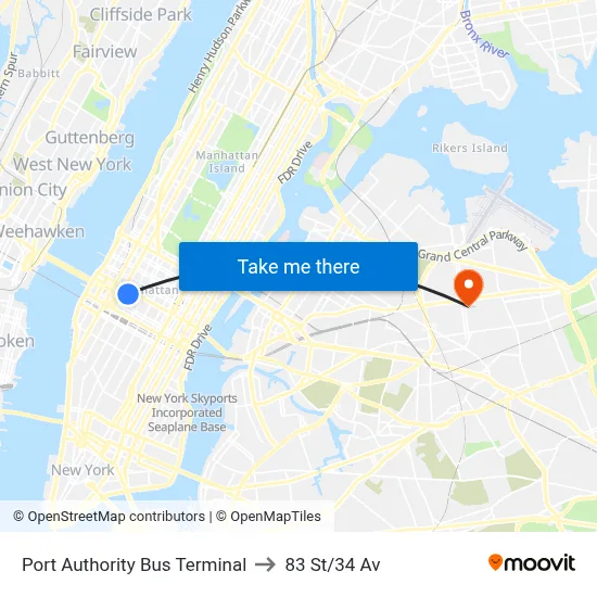 Port Authority Bus Terminal to 83 St/34 Av map