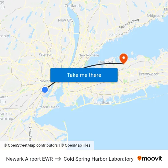Newark Airport EWR to Cold Spring Harbor Laboratory map