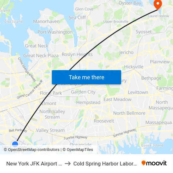 New York JFK Airport JFK to Cold Spring Harbor Laboratory map