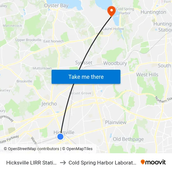 Hicksville LIRR Station to Cold Spring Harbor Laboratory map