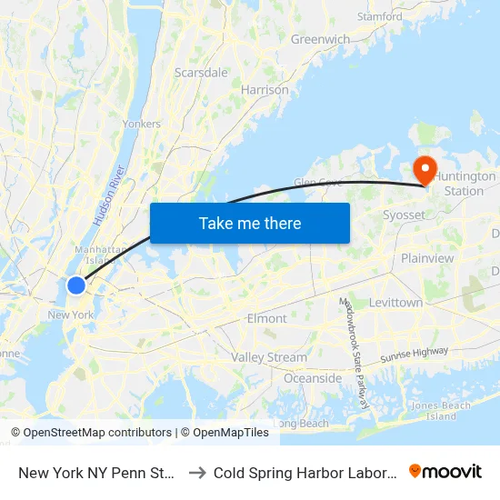 New York NY Penn Station to Cold Spring Harbor Laboratory map