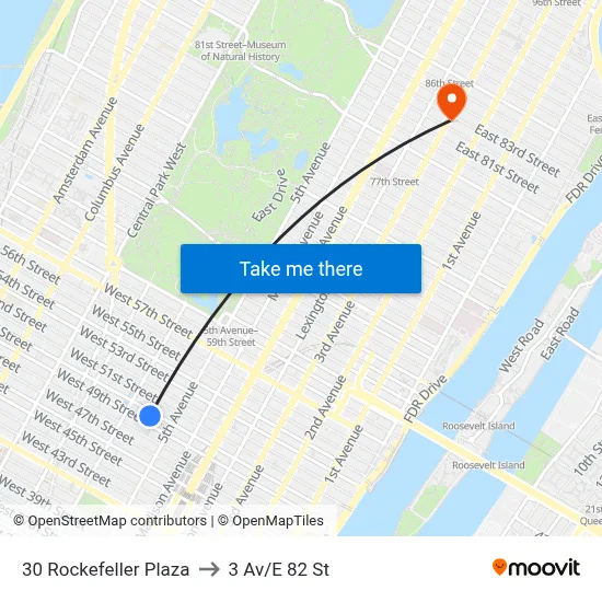 30 Rockefeller Plaza to 3 Av/E 82 St map